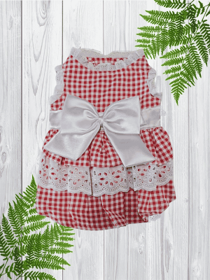 Red Check Dress White Bow (D541)